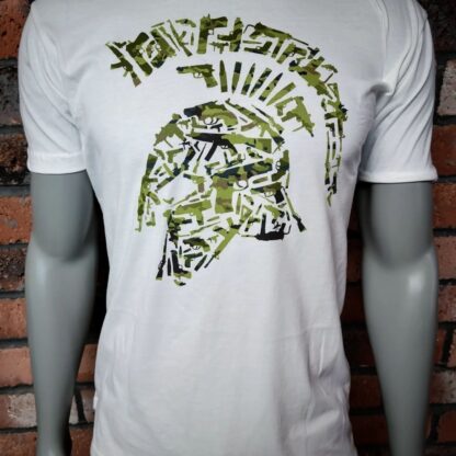 Tactical Spartan Helmet Tactical Shit White T-Shirt-Woodland Camo